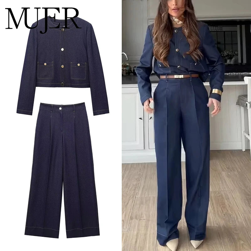 MUJER Blue Denim Suit for Women – High Waist Loose Jeans with Streetwear Jacket Outfit