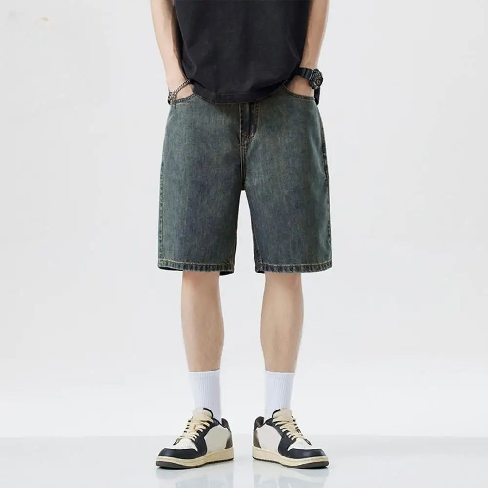 Men’s Summer Casual Denim Shorts – Elastic Waist, Mid-Rise, Wide-Leg with Pockets