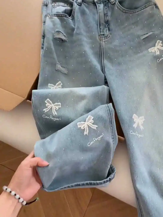 Women’s Loose Fit Ripped Jeans – Korean High Waist Straight-Leg with Butterfly Hot Diamond Design