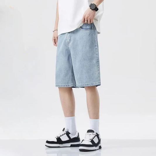 Men’s Summer Casual Denim Shorts – Elastic Waist, Mid-Rise, Wide-Leg with Pockets